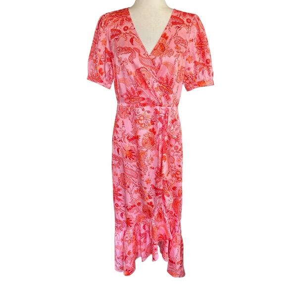 Cinq a Sept Kay Ruffle Midi Dress English Rose Pink Orange Floral Sz 6 Fairycore - Picture 1 of 13